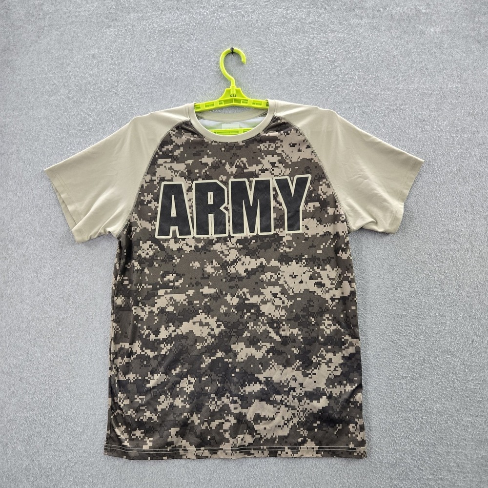 U.S.‎ Army Men Shirt M Tan Camouflage Activewear Logo Raglan Short Sleeve